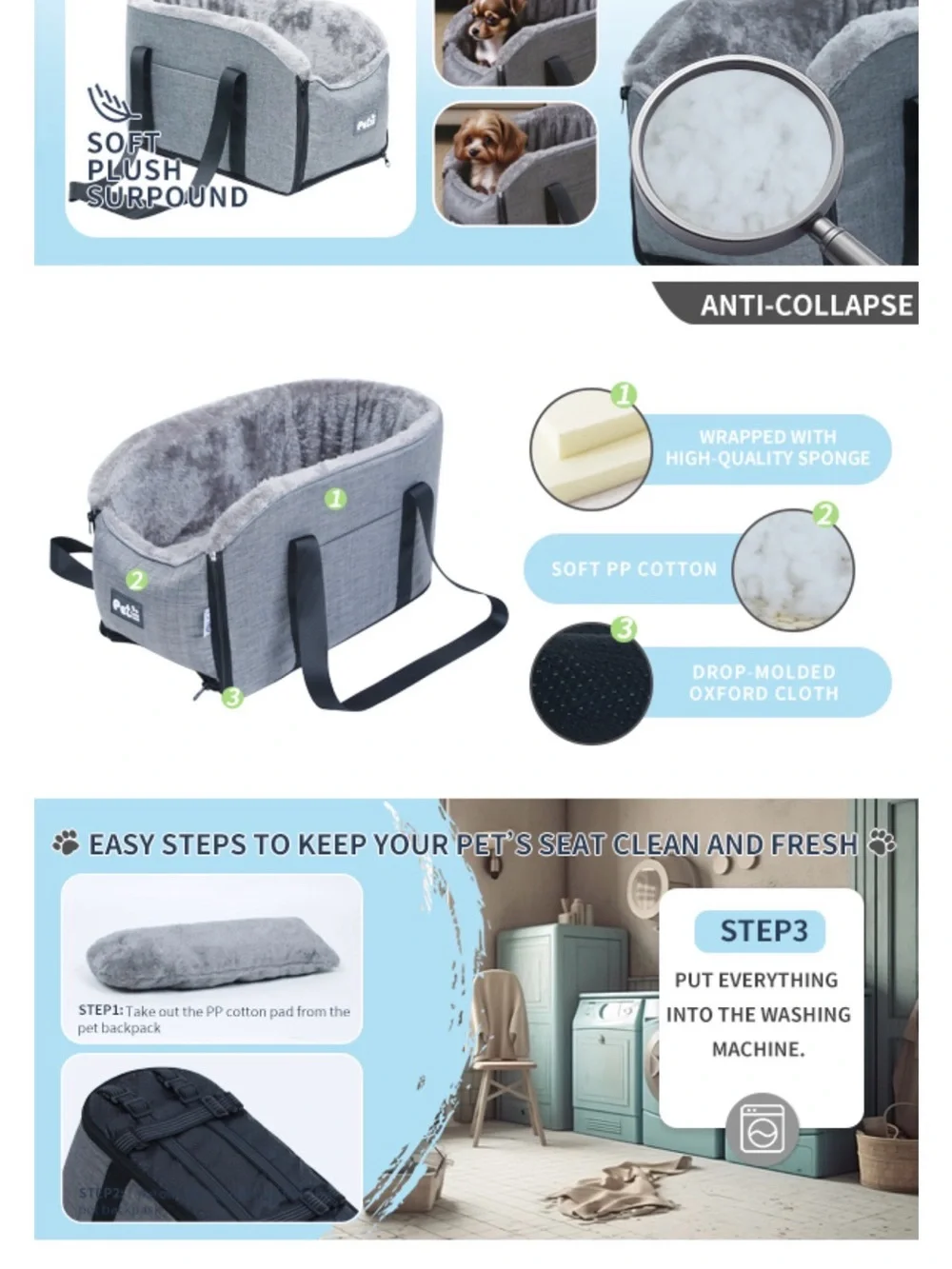 Gray Pet Car Seat Booster with Plush Lining